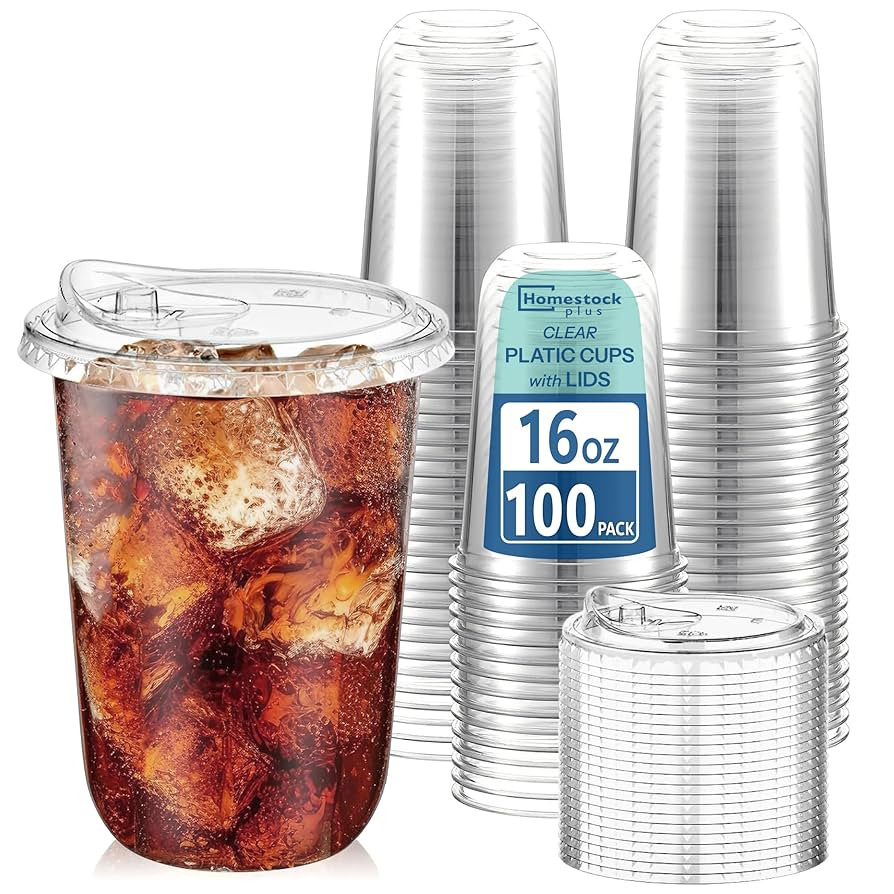 16 oz Clear Plastic Cups with Lids (100 Pack) - Strawless Sip Lids, Leakproof & Sturdy - Disposab... | Amazon (US)