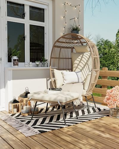 GarveeLife Oversize Wicker Egg Chair with Ottoman, Egg Basket Lounge Chair with Thick Cushion, Comfy Egg Rattan Seat for Indoor Outdoor Patio Porch Backyard, Beige | Amazon (US)