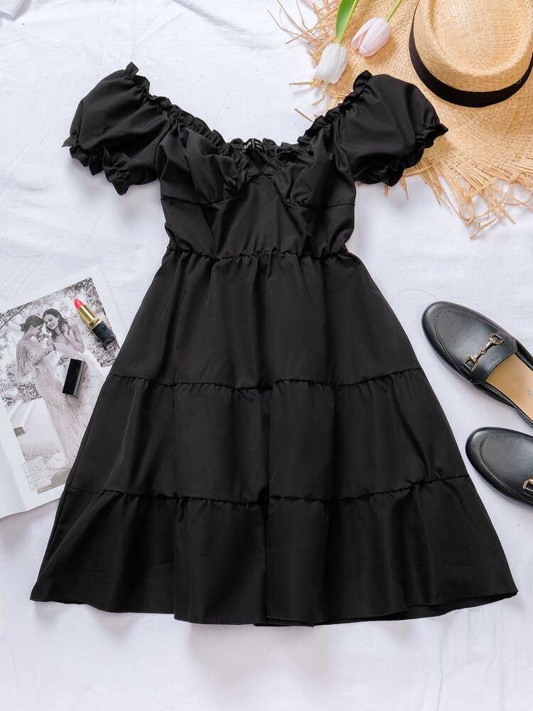 Puff Sleeve Frill Trim Ruffle Hem Dress | SHEIN