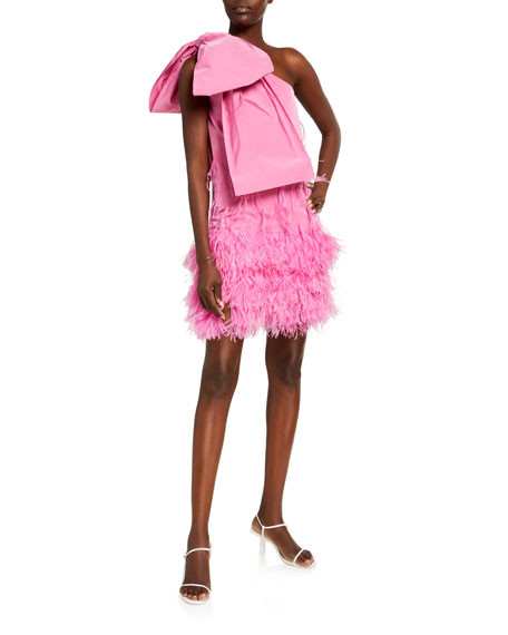 No. 21 One-Shoulder Bow Mini Dress with Feathers | Neiman Marcus