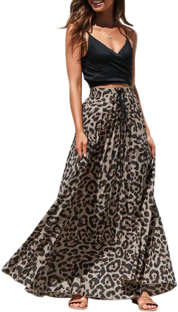 Womens Maxi Skirt Leopard Print Chiffon Beach Pleated High Waisted A-Line Long Skirts | Amazon (US)