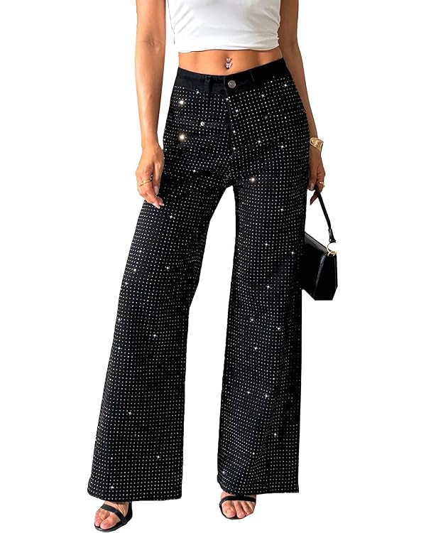 heipeiwa Women's Rhinestone Jeans Wide Leg Flare Denim Pants High Waist Sparkle Shiny Sequin Glit... | Amazon (US)