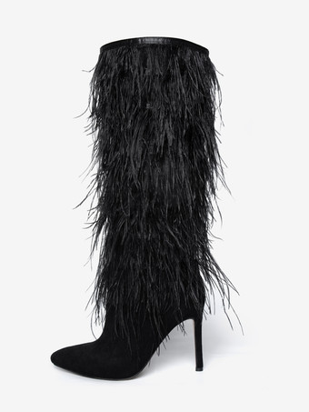 Black Knee High Boots Women's Feather Detail Stiletto Heel Knee Length Boots | Milanoo