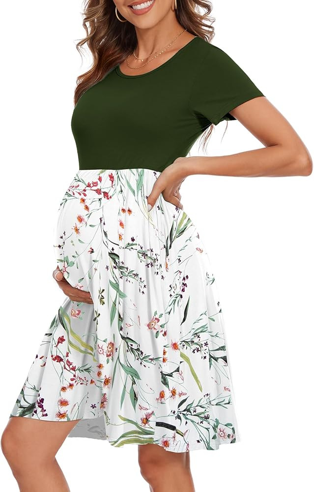 Women's Short Sleeve Maternity Dress Patchwork Pregnancy Clothes with Pockets | Amazon (US)
