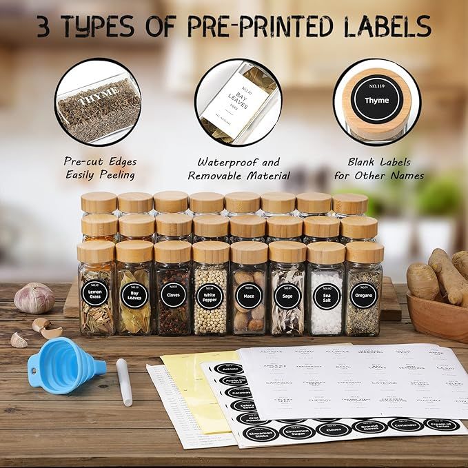 NETANY 24 Pcs Spice Jars with Labels - 4 oz Glass Spice Jars with Bamboo Lids, Minimalist Farmhou... | Amazon (US)