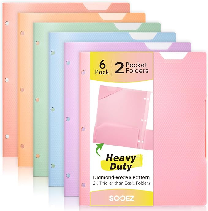 Sooez 6 Pack Plastic Folders with Pockets, Heavy Duty, Fits 3-Ring Binder | Pockets Folder for 3 ... | Amazon (US)