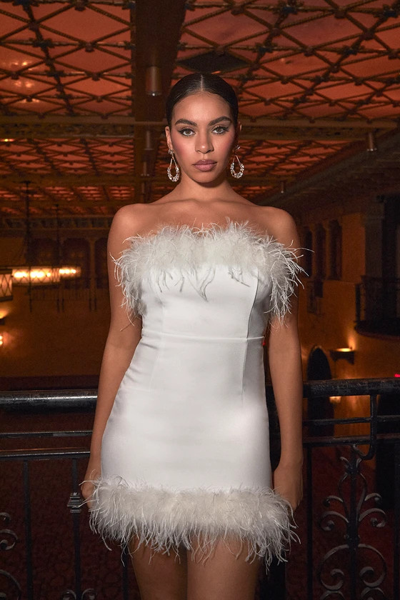 Your Feather Half White Strapless Feather Mini Bodycon Dress | Lulus (US)