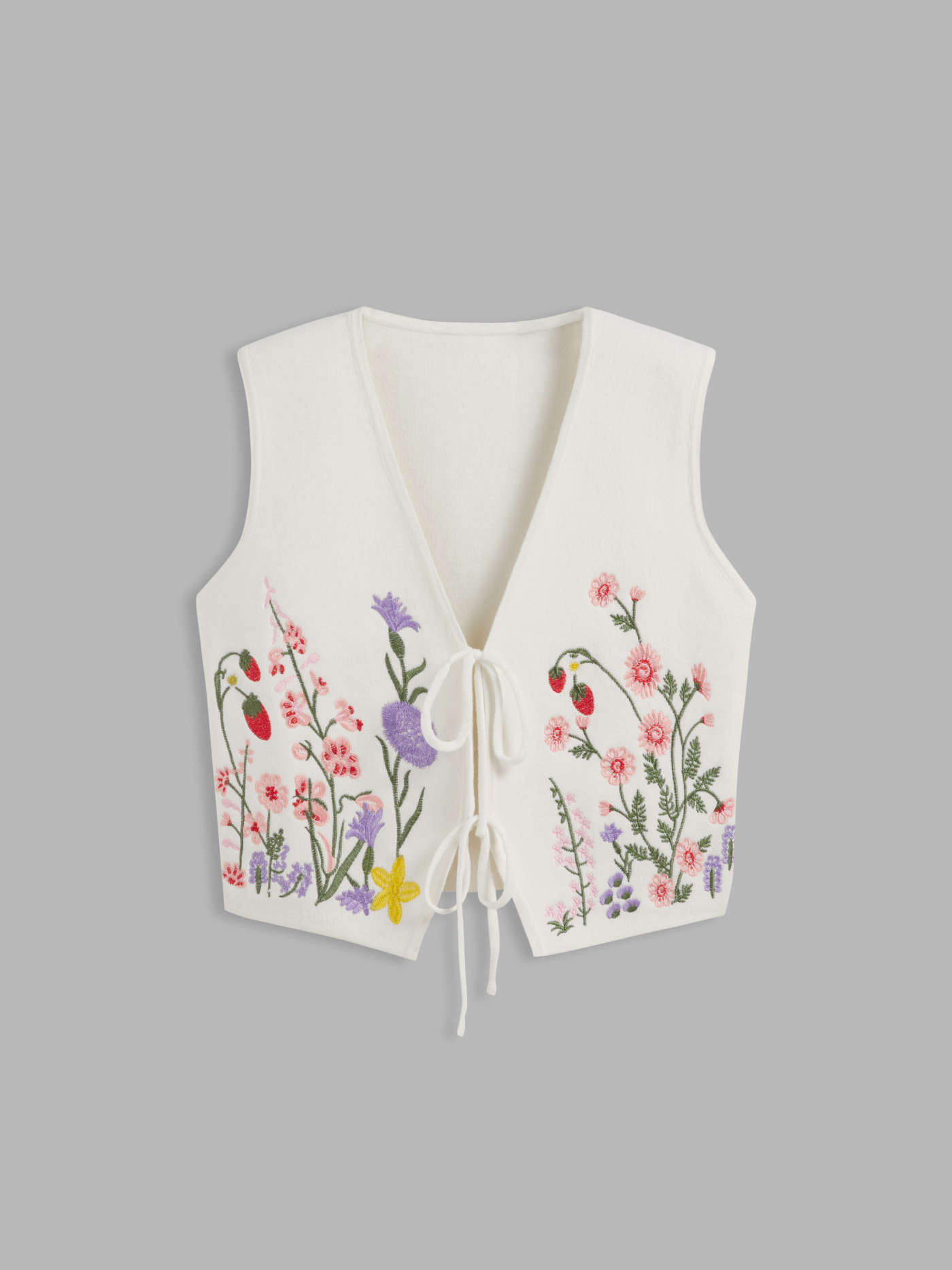 Knit V-neck Floral Embroidery Tie Front Vest | Cider