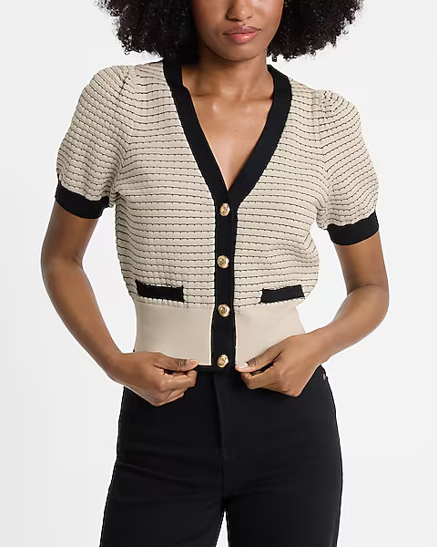 Textured Tipped Novelty Button Short Sleeve Cardigan | Express