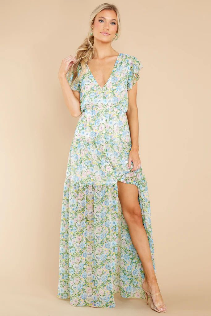 Bouquet Of Happy Green Floral Print Maxi Dress | Red Dress 