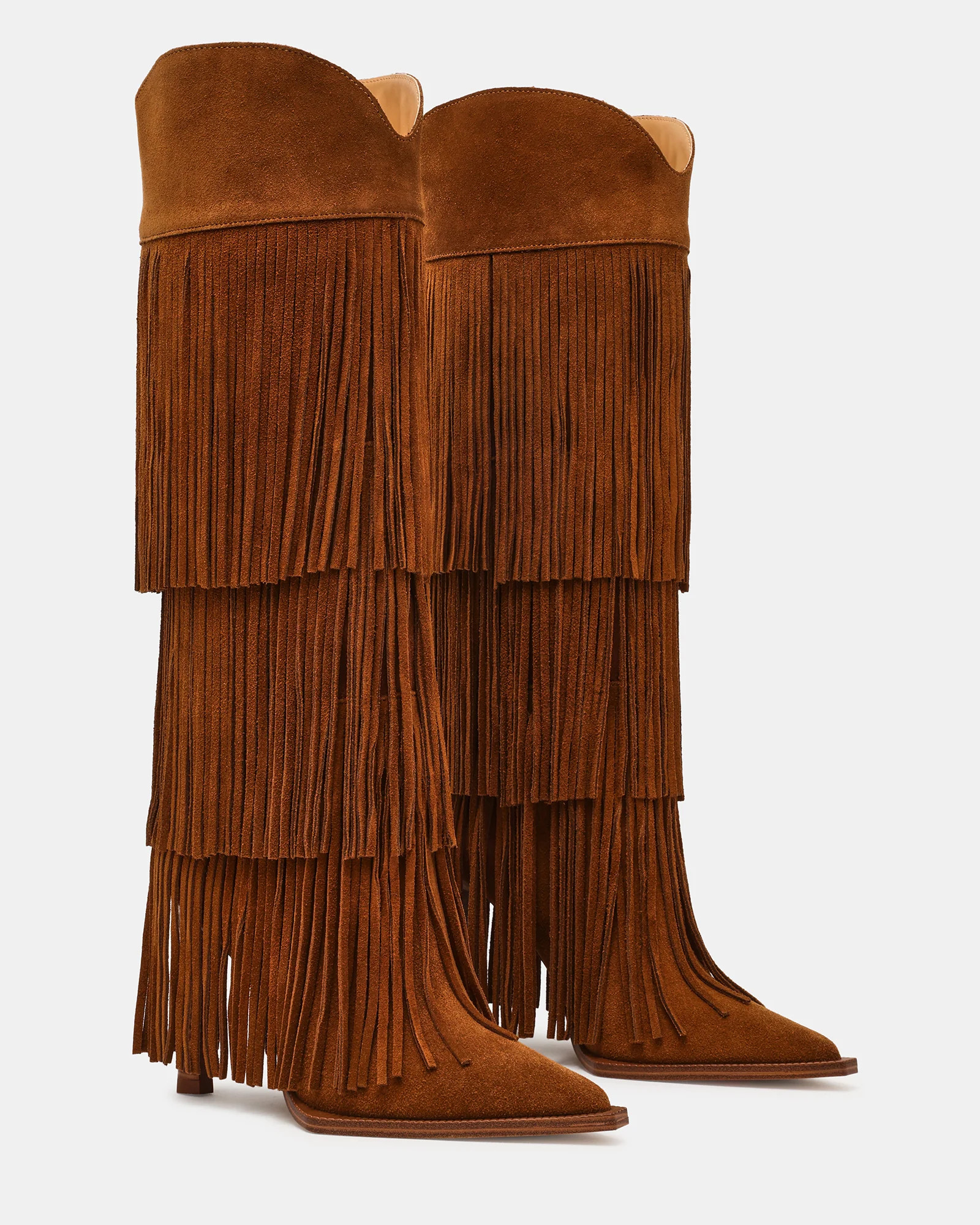 KINZEE Fringe Chestnut Suede Pointed-Toe Knee-High Western Stiletto Women's Boot | Steve Madden (US)