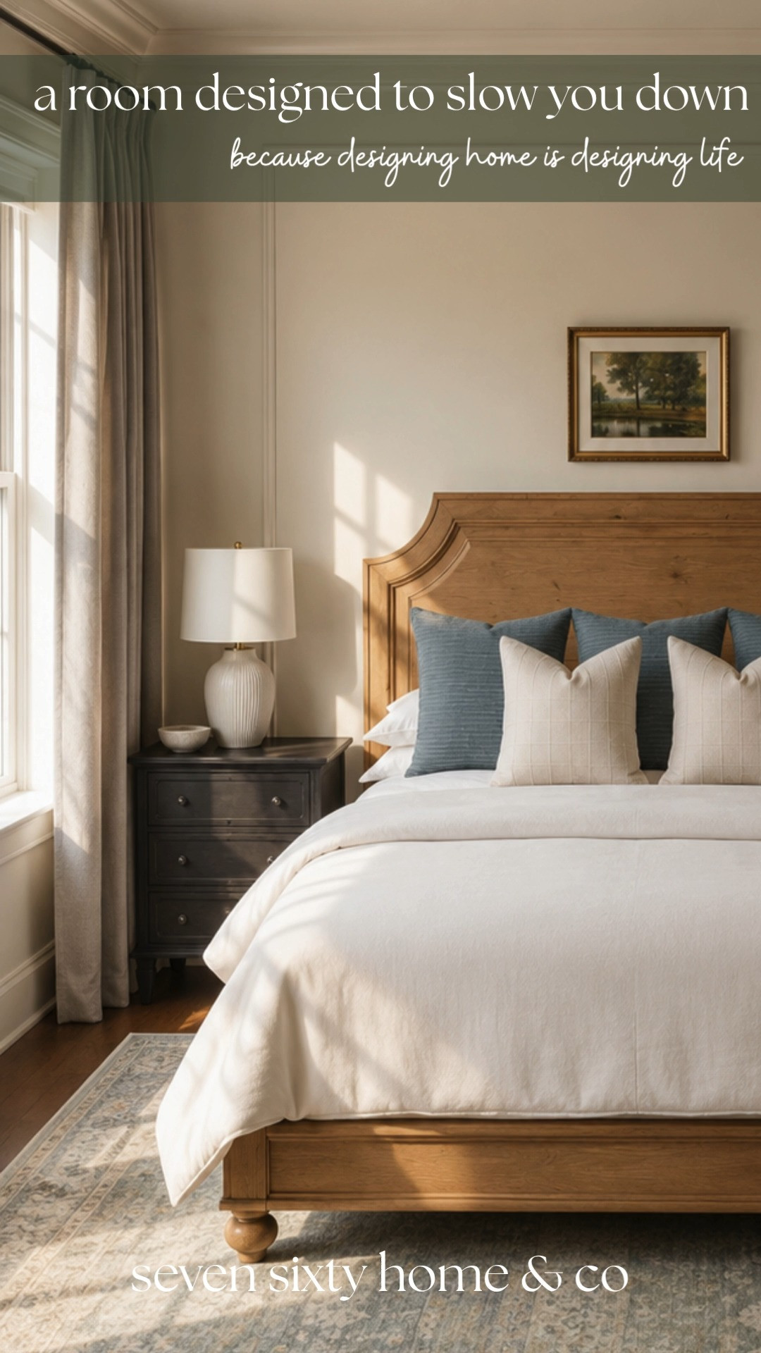 Designing a calming bedroom starts with the right foundation. A warm wood bed, layered neutral bedding, classic black nightstands, and soft blue accent pillows create a space that feels inviting from the moment you walk in.

If you're looking for traditional bedroom ideas with timeless appeal, this is a look you'll enjoy for years—not just one season.

Everything is linked in LTK. 

 #LTKHome