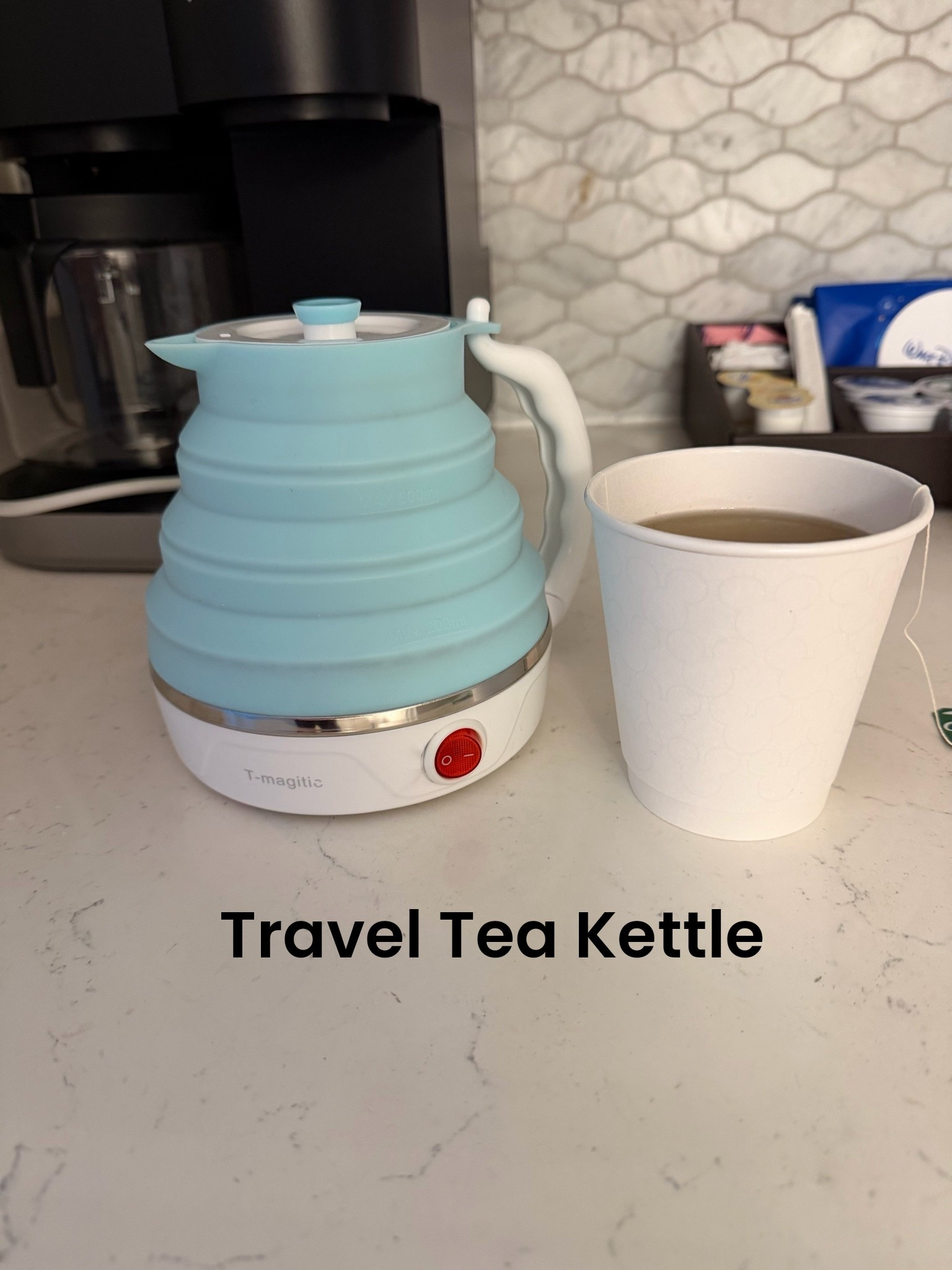 I can’t get moving without my morning cup of green tea, but I don’t trust hotel coffee makers to be cleaned regularly (lesson learned the hard way).