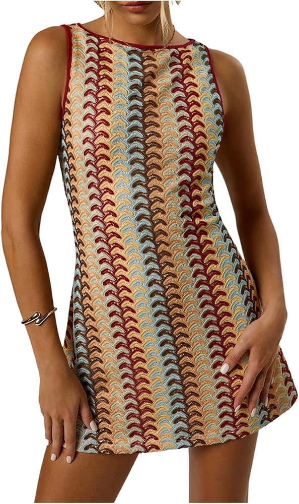 GORGLITTER Women's Color Block Crochet Boho Bodycon Mini Dress Summer Peasant Vacation Sleeveless... | Amazon (US)