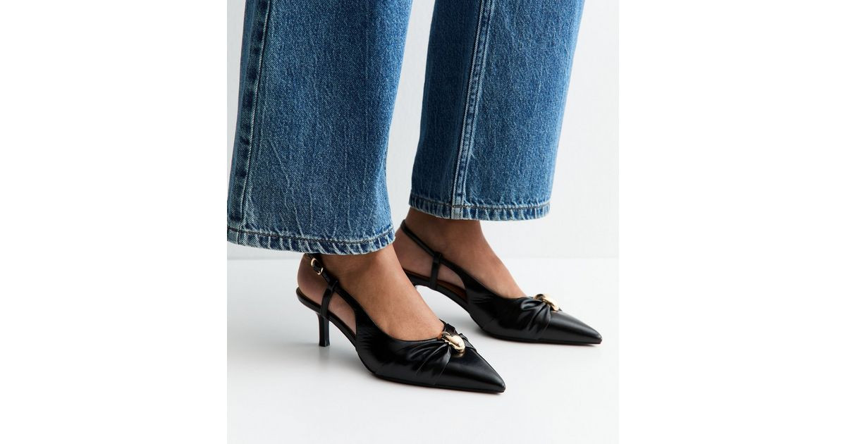 Black Faux Leather Ring Slingback Court Shoes | New Look | New Look (UK)
