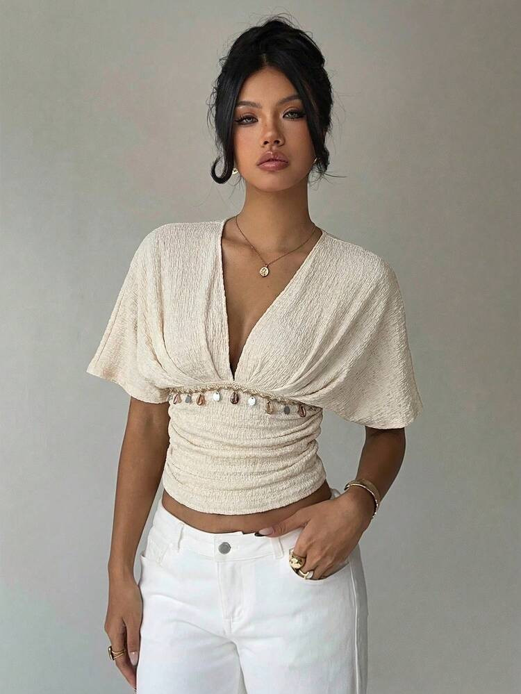 Aloruh Apricot Deep V Ruched Short Sleeve Tight Fitted Women T-Shirt Summer Outfits For Women Summer Clothes Summer Outfits Summer Holiday Outfits Summer Tops Summer Top Summer Tops For Women Blouses For Women Women's Blouses Shirts Elegant Blouses For Ladies | SHEIN