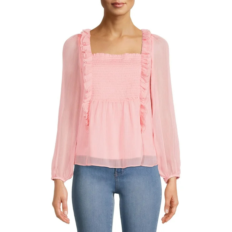 Time and Tru Women's Smocked Ruffle Top with Long Sleeves | Walmart (US)