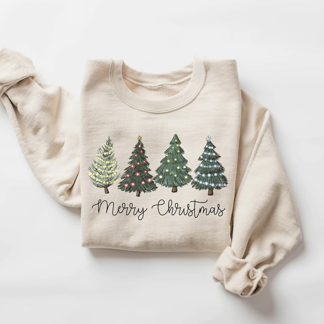 Christmas Trees Sweatshirt, Merry Christmas Sweatshirt, Holiday Sweater, Womens Holiday Sweatshir... | Etsy (US)