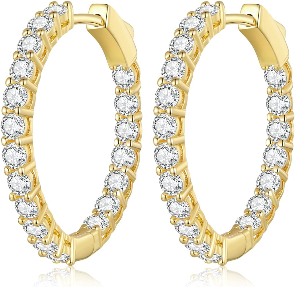 Gold Hoop Earrings for Women 14K Gold Plated Cubic Zirconia Hoop Earrings for Women 30mm Diamond ... | Amazon (US)