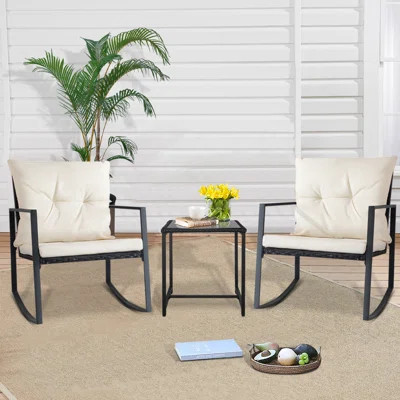 2 - Person Outdoor Dining Set, 3-Piece Outdoor Rattan Rocking Bistro Set with Cushions and Glass Coffee Table | Wayfair North America
