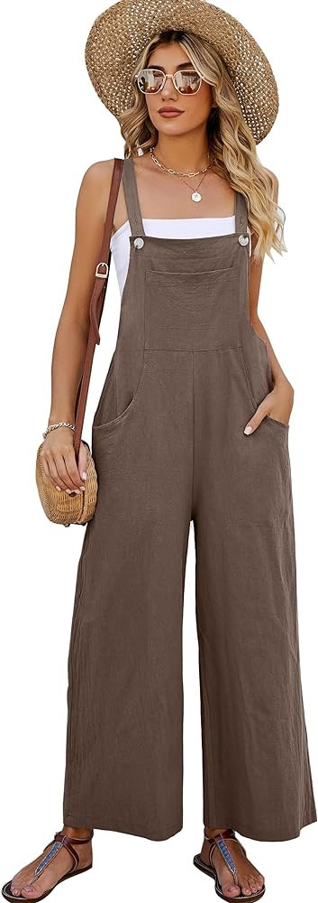 Flygo Womens Cotton Bib Overalls Loose Fit Wide Leg Jumpsuits Casual Rompers with Pockets | Amazon (US)