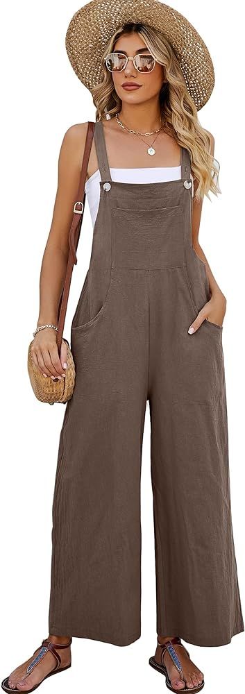 Women's Cotton Bib Overalls Wide Leg Loose Fit Jumpsuit Baggy Fashion Sleeveless Rompers | Amazon (US)