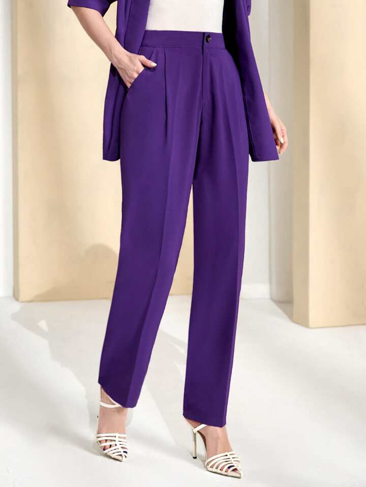 SHEIN Modely Fold Pleated Slant Pocket Suit Pants | SHEIN USA | SHEIN