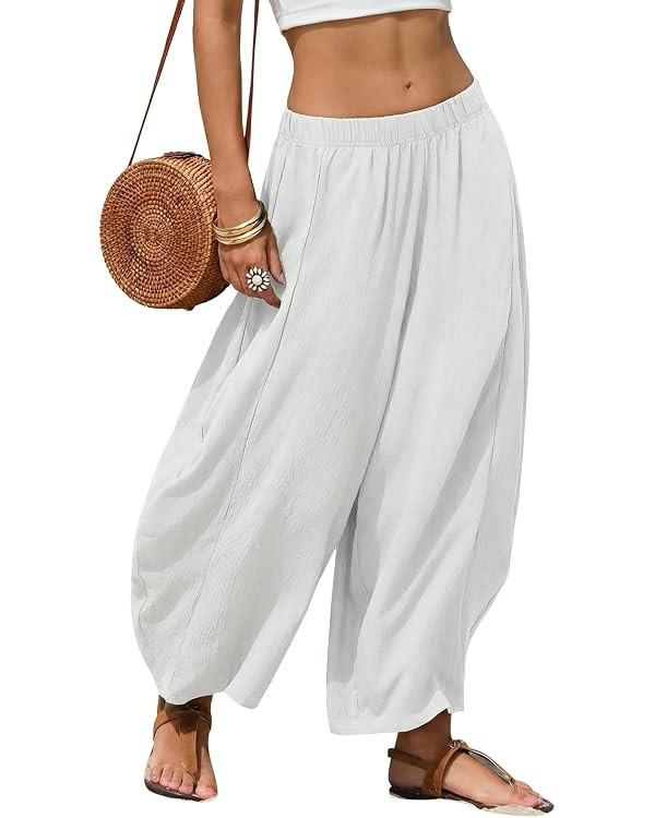EXLURA Womens Faux Linen Wide Leg Boho Flowy Pants Summer Palazzo Casual Elastic Waist Baggy Trou... | Amazon (US)