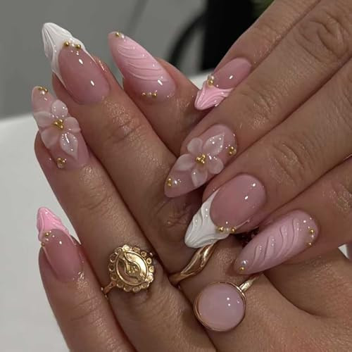 French Tip Press On Nails Medium Almond Fake Nails Nude Pink 3D Flowers Nails Press Ons Acrylic False Nails With Gold Pearl Designs Full Cover Glue On Nail Glossy Stick On Nail For Women | Amazon (US)