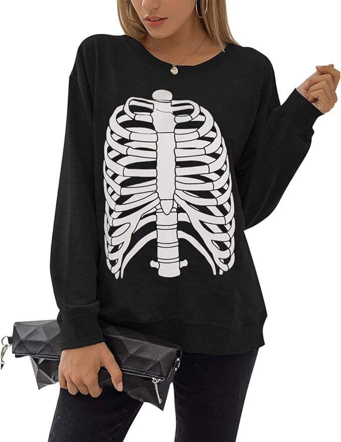 zarmfly Women Halloween Sweatshirts Pumpkin Face Dancing Skeleton Shirt Long Sleeve Sweater Funny... | Amazon (US)
