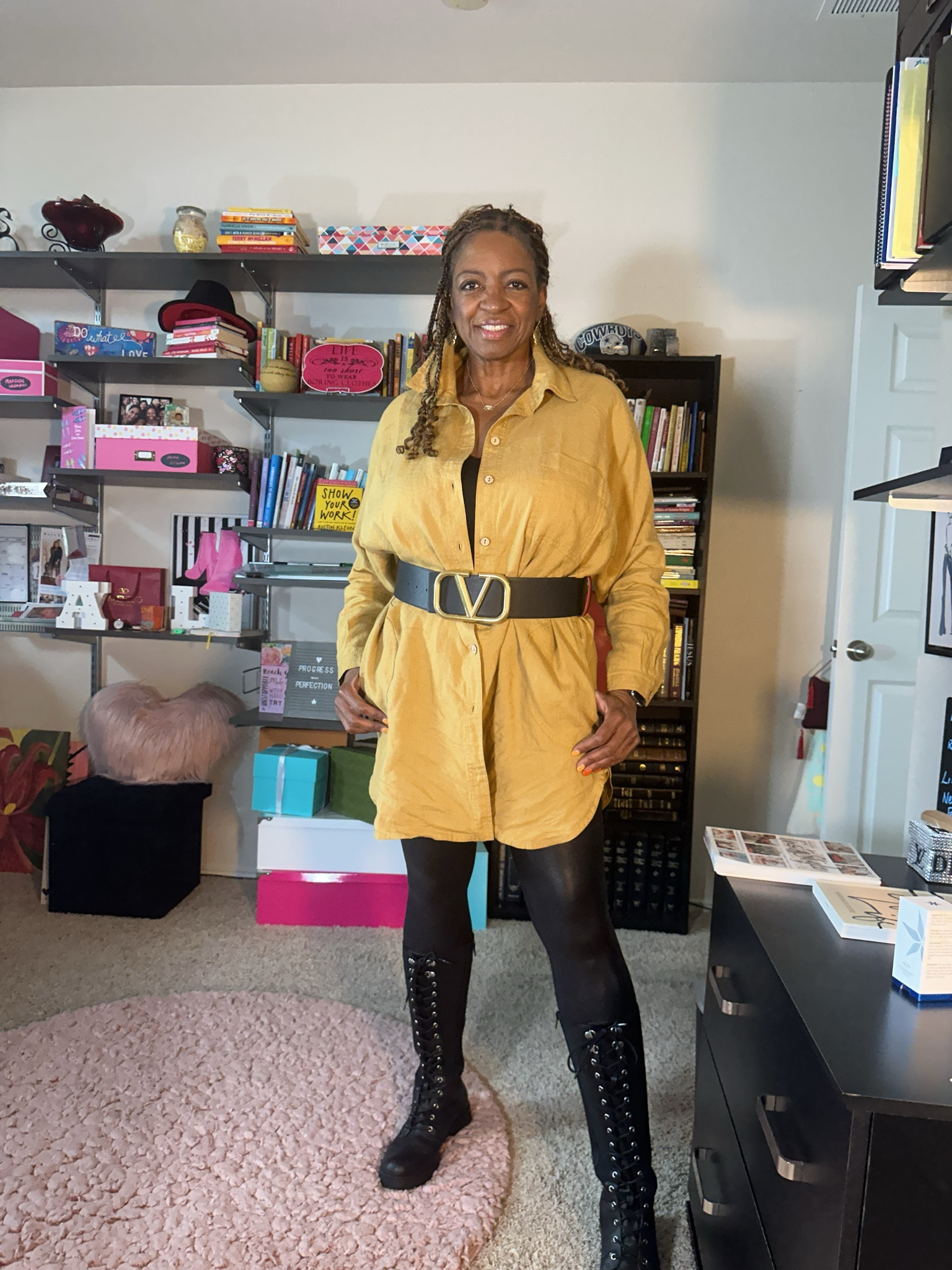 My fav versatile ad comfy outfit.  Loose belted shirt, #spanx leggings and #combat boots.   

#LTKfindsunder100 #LTKstyletip #LTKworkwear