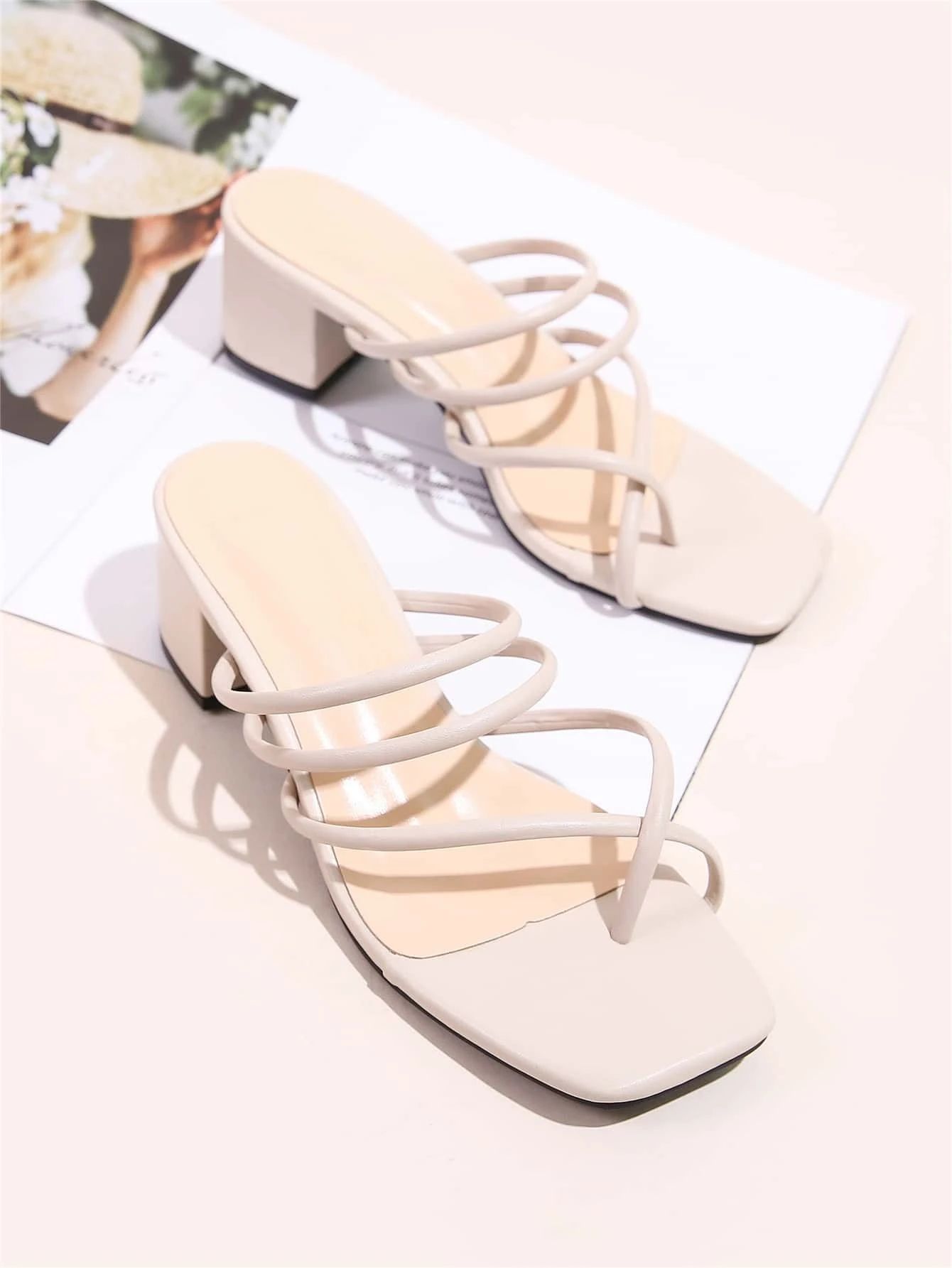 Toe Loop Strappy Chunky Heeled Mule Sandals | SHEIN