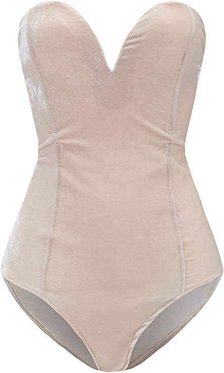 Clothink Women Burgundy Bandeau Back Lace Up Velvet Bodysuit | Amazon (US)