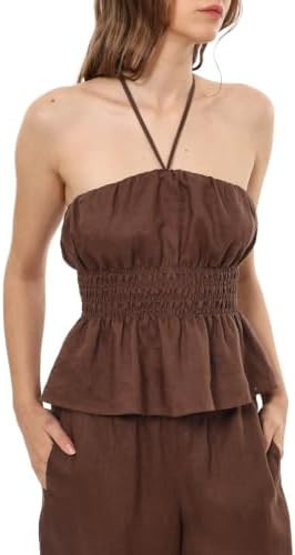 Amazhiyu Womens 100% Linen Tie Halter Tops Backless | Amazon (US)
