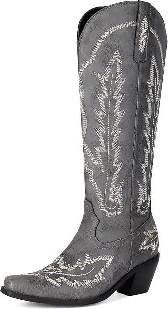 Cowboy Boots for Women - Classic Embroidered Western Cowgirl Knee Boots, Sharp Tip Thick Heel Sid... | Amazon (US)