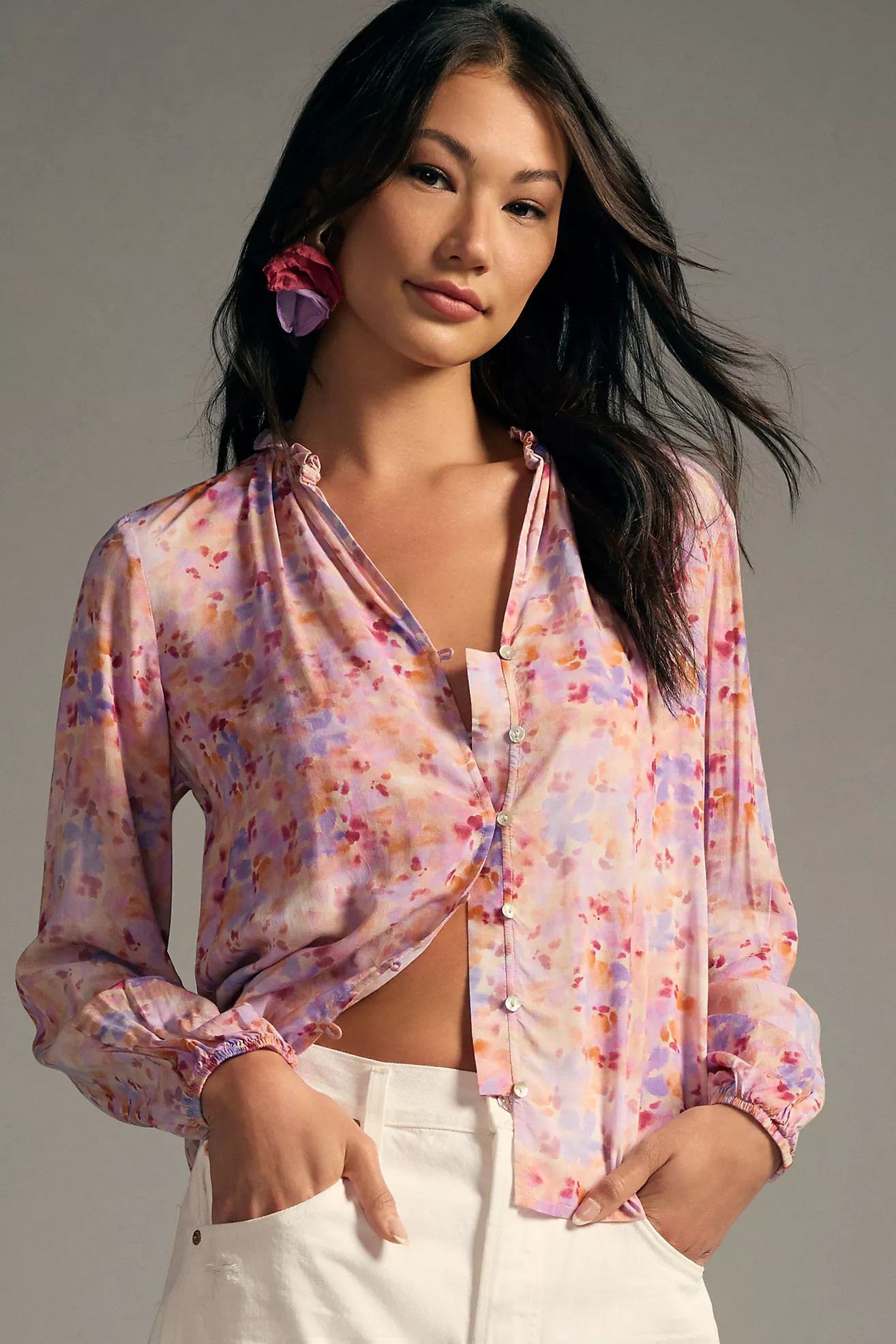 Cloth & Stone Ruffle-Neck Buttondown Blouse | Anthropologie (US)