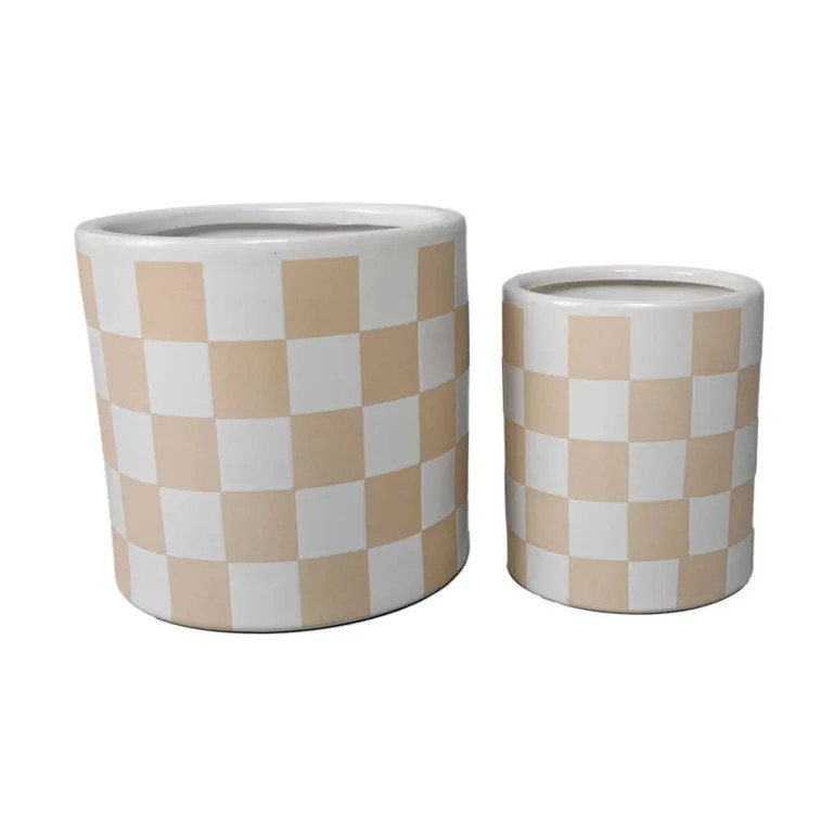 Set of 2, 8.25" & 6.25" Beige   Checkered Ceramic Pots | Walmart (US)
