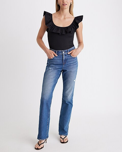 Mid Rise Medium Wash Ripped Bootcut Jeans | Express