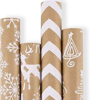 RUSPEPA Christmas Wrapping paper - Brown Kraft Paper with 3D White Christmas Elements Print Paper... | Amazon (US)
