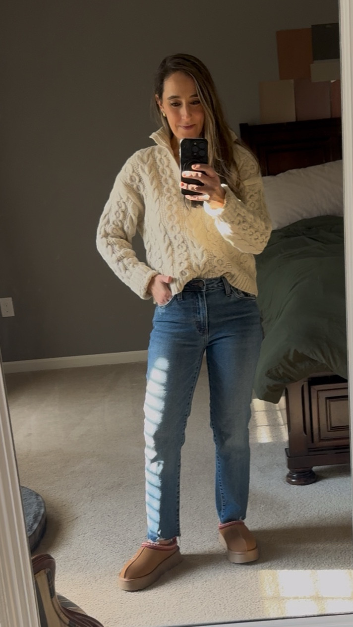 Target cable knit sweater 
Size XS

Cream sweater 
Cable sweater
Cold weather outfit
Casual winter outfit 
Target find
Look for less Ugg slipperrs


#LTKSeasonal #LTKFindsUnder50 #LTKPetite