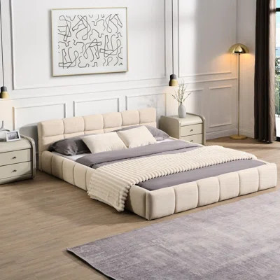 Beige Chenille Bed Frame Of King Size, Checkerboard Design Brings A Stylish Upgrade, Comfortable For Sleep Size With On Headboard, Peaceful Night, No | Wayfair North America