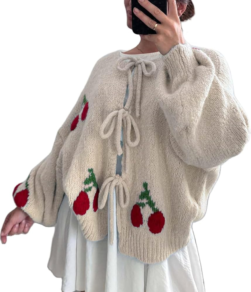 Women Y2k Fruit Knitted Cardigan Tie Front Knitwear Sweater Coat Open Front Cute Oversized Cardig... | Amazon (US)