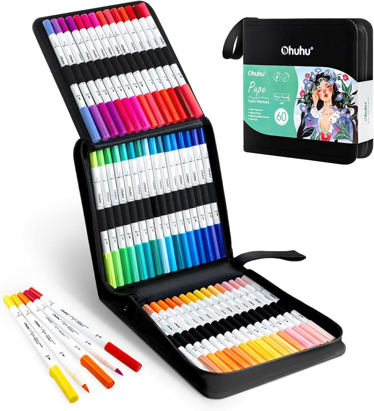Ohuhu 60 Colours Colouring Pens, Paper-Friendly No Peeling Water-Based Markers, Dual Tips Brush Pens for Adult Colouring Books, Coloring Markers for Calligraphy Drawing Journal - Pupe Series | Joybuy