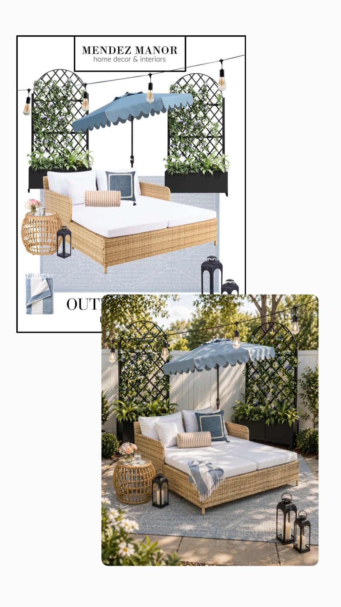 Outdoor patio design with double chaise lounge bed and blue patio umbrella. Love the planter boxes with trellis for growing flowers and herbs. 

#LTKSeasonal #LTKSaleAlert #LTKHome
