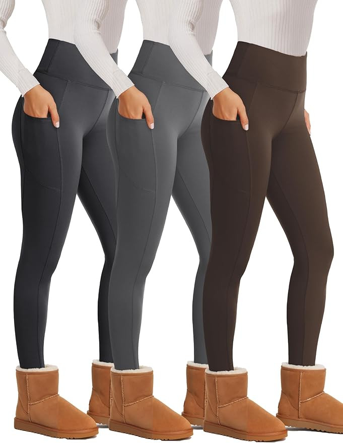 Showitty 3 Pack Fleece Lined Leggings Women with Pockets - Winter Warm Thermal Yoga Pants for Run... | Amazon (US)
