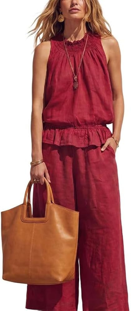 Piece Outfits Sleeveless Ruffle Top Wide Leg Pants, 2 Piece Linen Sets for Women, Summer Boho for... | Amazon (US)
