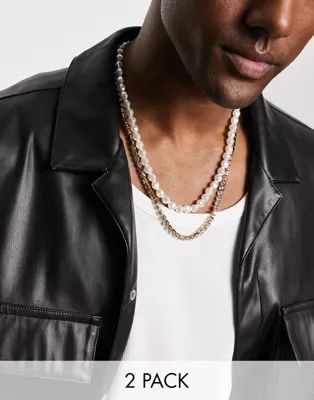 ASOS DESIGN 2 pack festival layered crystal tennis chain in gold tone and faux pearl necklace | ASOS (Global)