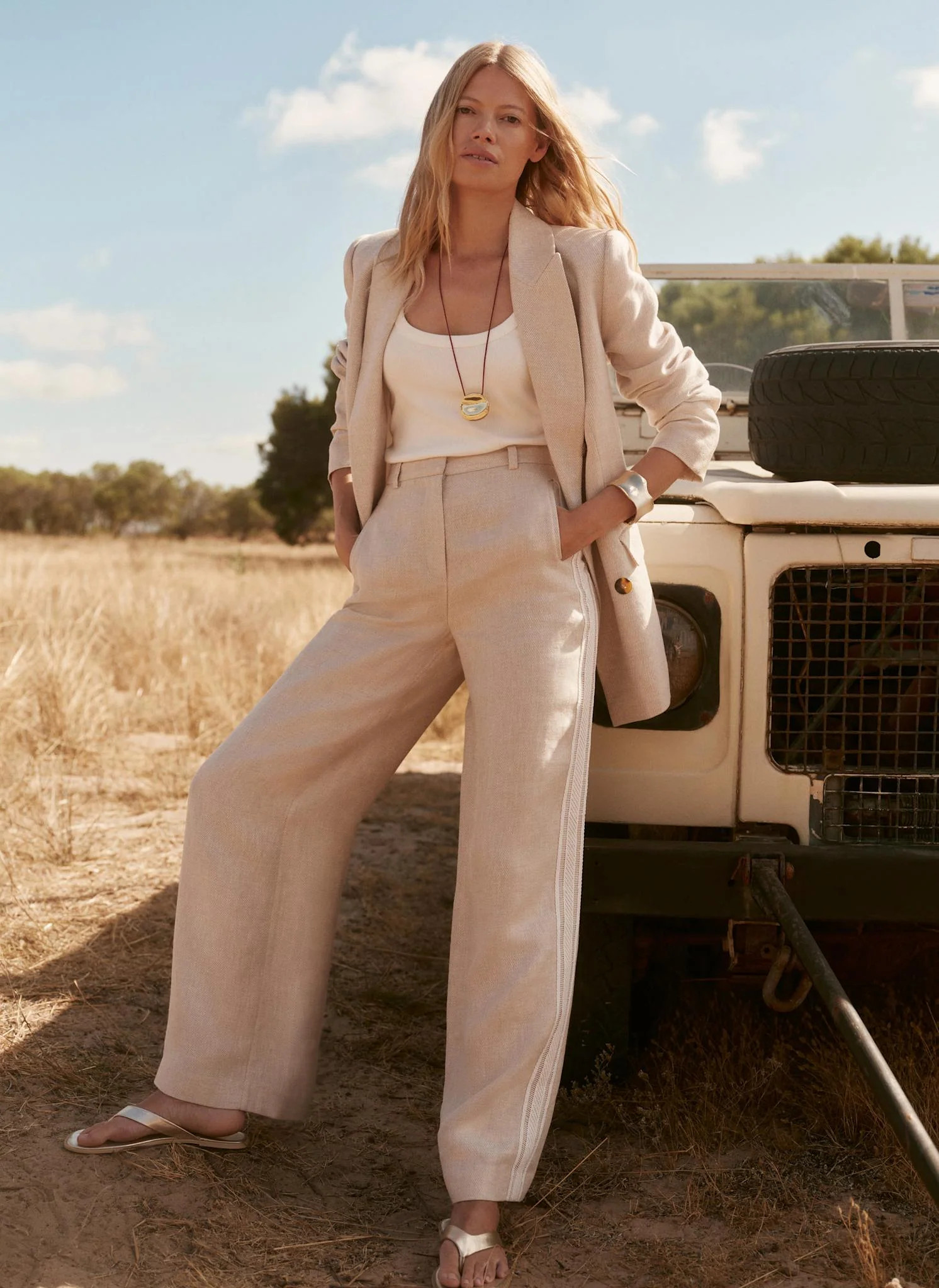 Neutral Linen Side Stripe Trousers | Mint Velvet