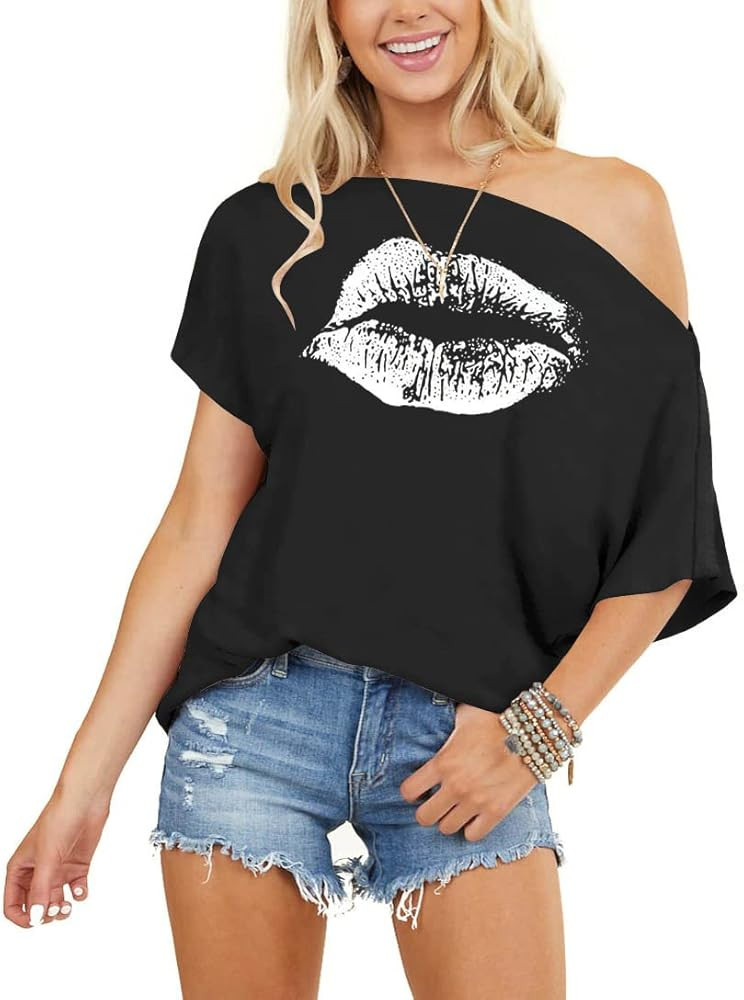 INFITTY Women's Off Shoulder Tops Short Sleeve Casual Loose Batwing Shirts Oversized Blouse Tunic | Amazon (US)