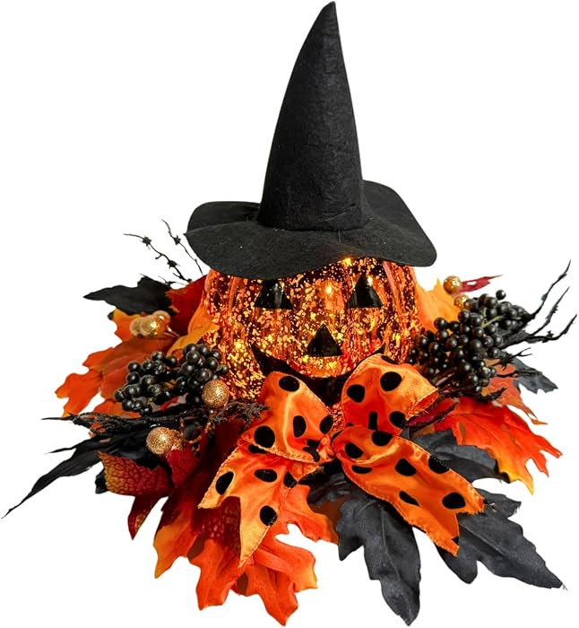 Svndlyn 15 Inch Lighted Halloween Pumpkin Decor with Witch Hat and Bow | Amazon (US)